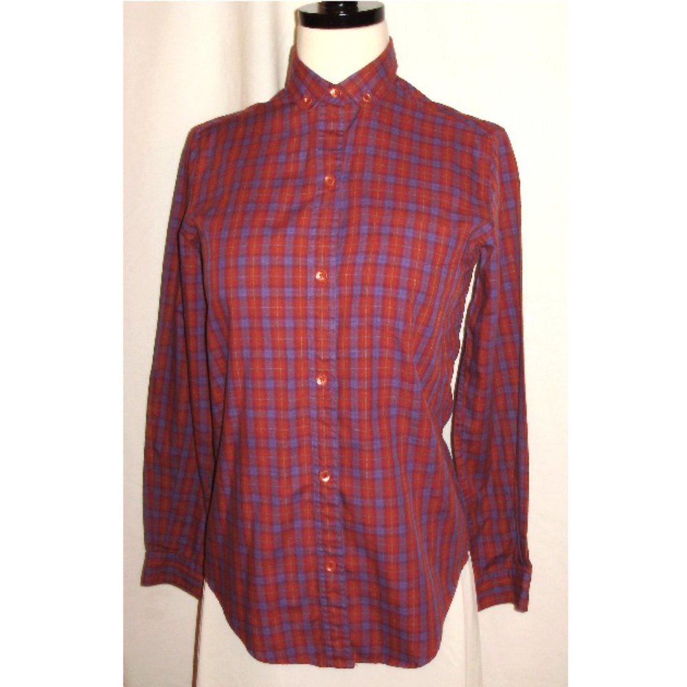 button-down blouse with breast pocket; red & blue checkered